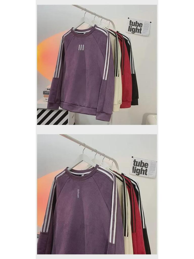 Мужская ретро-полосатая замшевая толстовка – пуловер с круглым вырезом на весну и осень