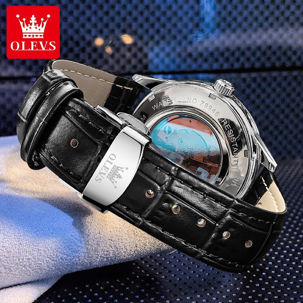 OLEVS 9946 Автоматические Механические Мужские Наручные Часы Оригинальный Кожаный Ремешок Двойной Календарь Мужские Часы Роскошные Деловые Часы для Мужчин