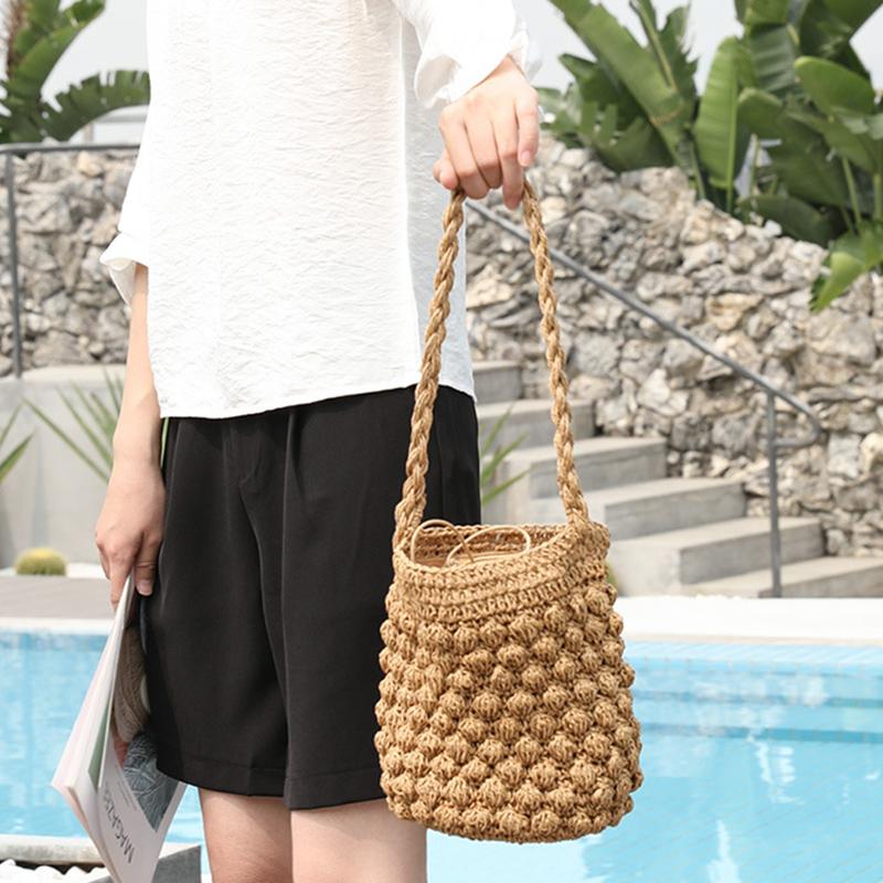 Yogodlns Summer Straw Shoulder Bag Women Large Capacity Rattan Bucket Bag Handmade Woven Beach Bag