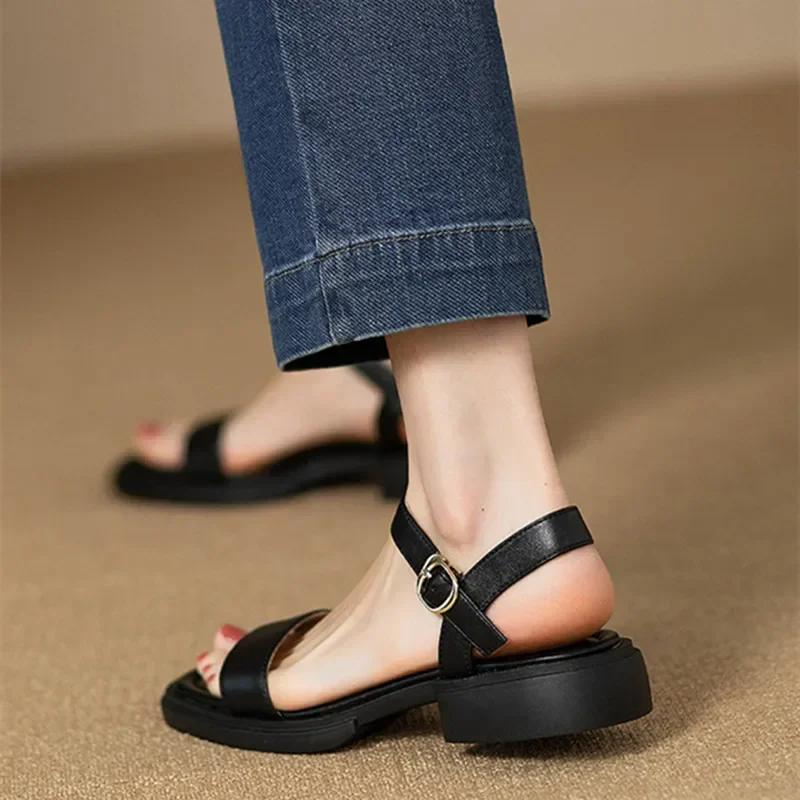 Summer Flat Sandals Women Ankle-Wrap Open Toe Square Low Heel Shoes Slingback Anti-slip Soft Sole Sandals Sandalias De Mujer