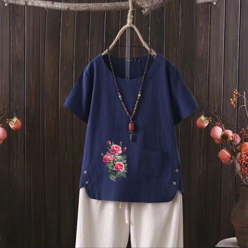 Летняя льняная рубашка для пикника, женская футболка с винтажным рисунком, круглый вырез горловины с цветочным принтом, размер S-4XL