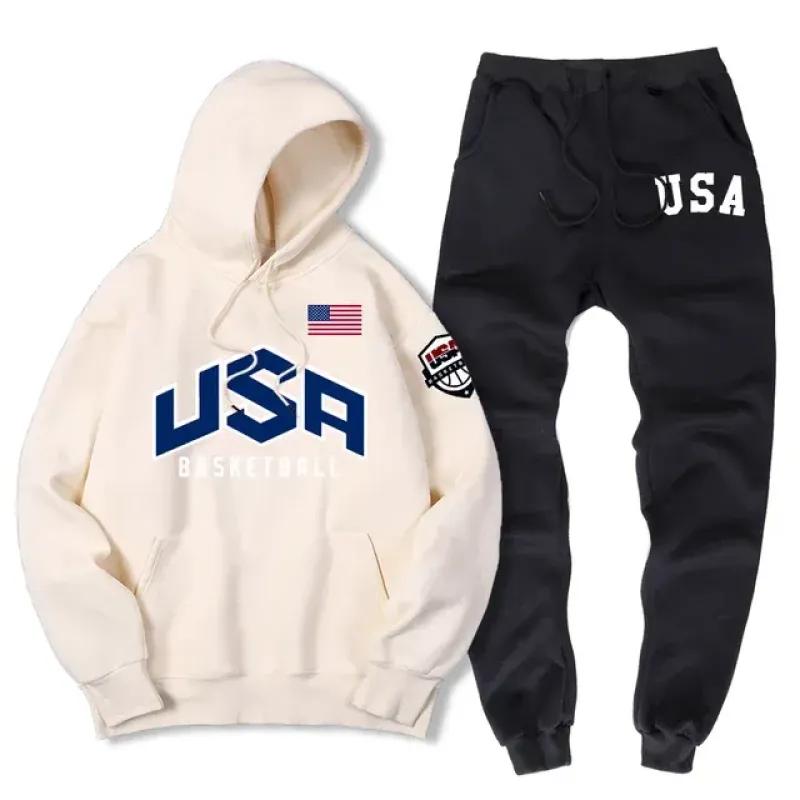 США баскетбольная уличная спортивная одежда с принтом спортивный костюм мужской теплый комплект из двух предметов свободная толстовка с капюшоном брюки комплект спортивный костюм с капюшоном