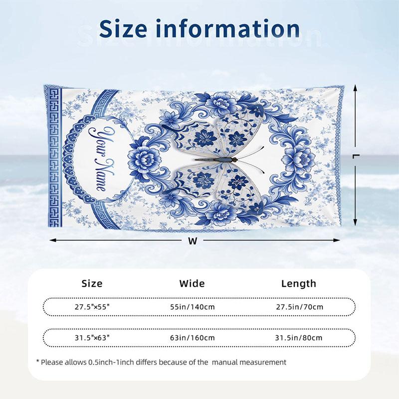 Blue Rose Elegance Theme Quick Dry Beach Towel Custom Name Text Print Large Sand Resistant Towel Beach Vacation