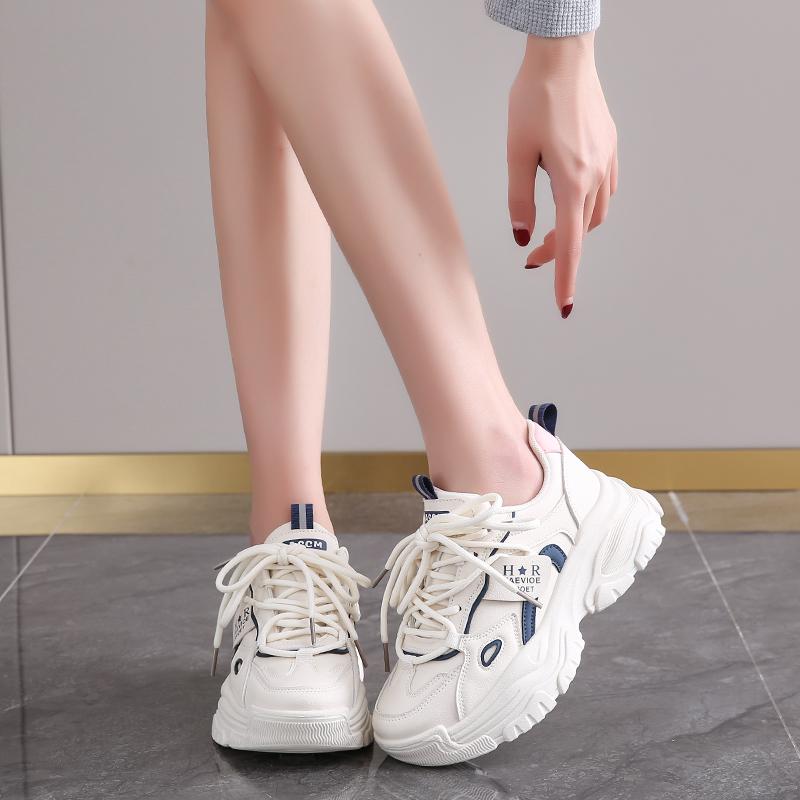 CRLAYDK Designer Chunky Sneakers for Women Platform Leather Lace Up Sport Dad White Shoes Wedge Casual Lady Walking Tennis