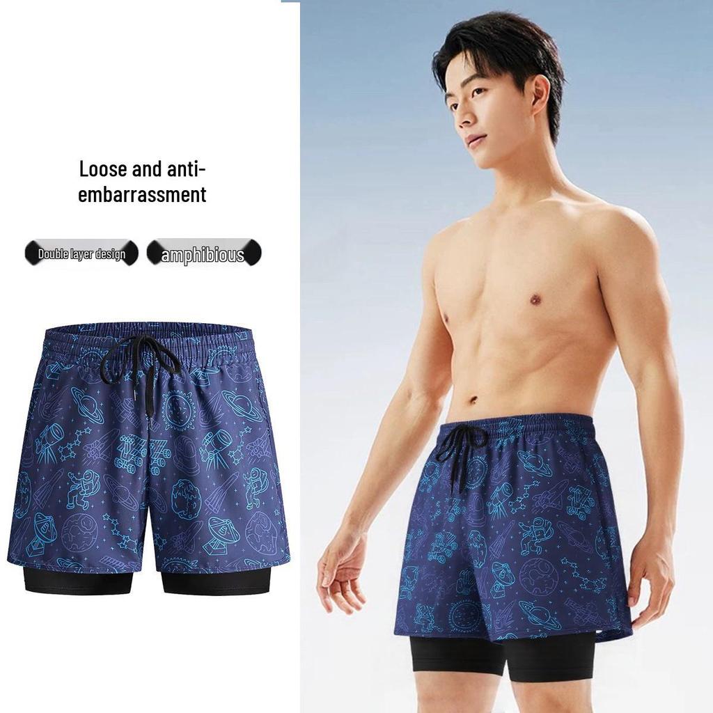 Men's Quick-Dry Double-Layer Swim Trunks with High Elastic Waist and Anti-Embarrassment Lining