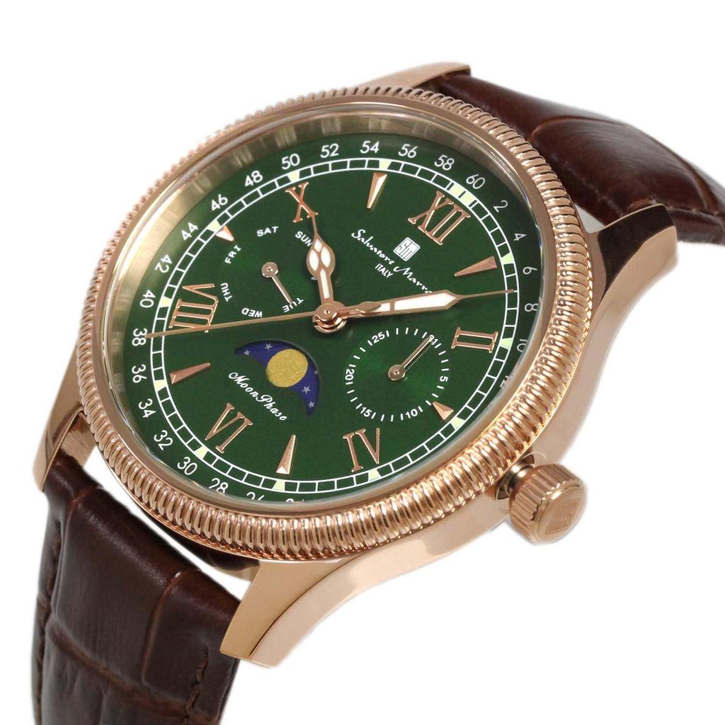 Salvatore Marra Moon Phase 5 ATM Water Leather Limited Pink Gold and Men's Multi-Calendar Watch, Resistant, Strap, Edition, Green, SM24110-PGGR