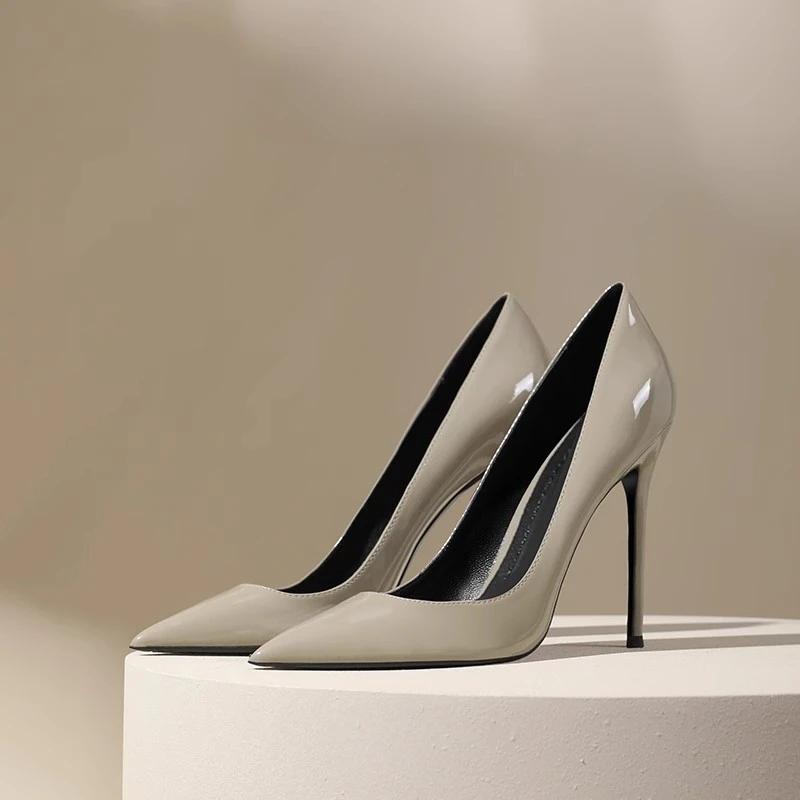 Модные остроносые туфли на высоком каблуке женские весенние новые серые элегантные юбочные на тонком каблуке профессиональные для работы кожаные с неглубоким вырезом