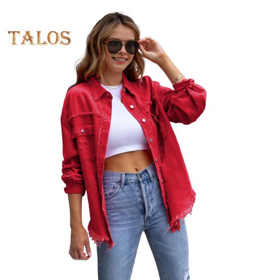 Женская джинсовая куртка в стиле ретро, однобортная, с рваными отверстиями, отложным воротником, длинными рукавами, однотонными карманами с клапанами, женское пальто для поездок на работу и шопинга