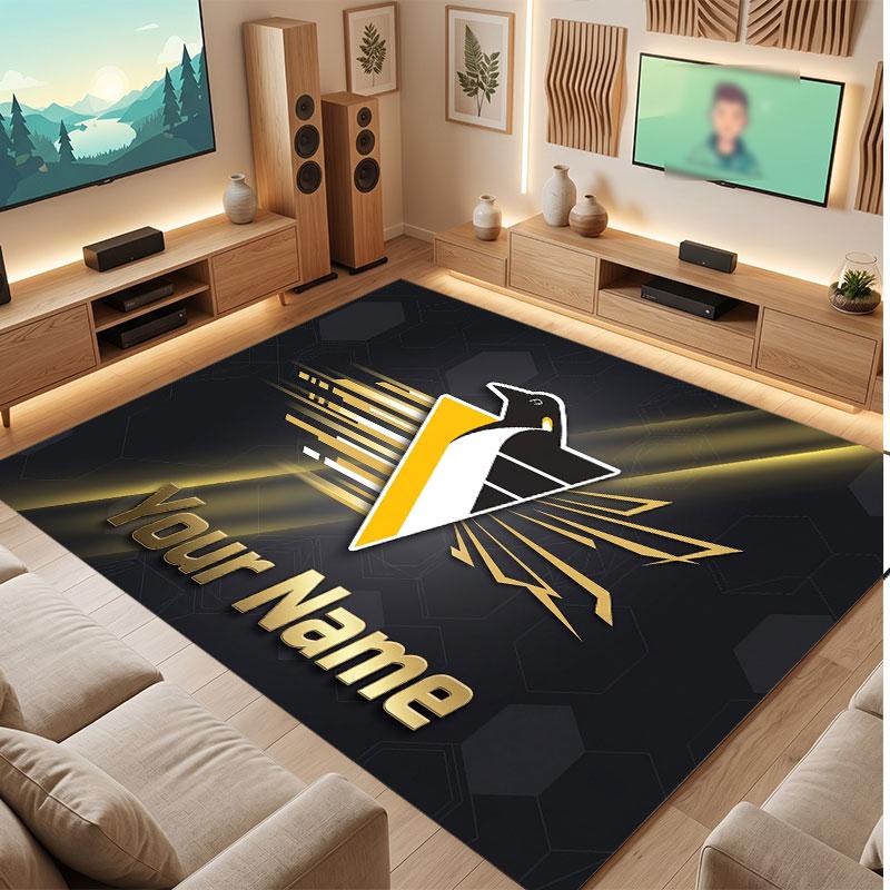 Pittsburgh Penguins Personalized Crystal Velvet Carpet, Customized Name Text Soft Anti‑Slip Rug for Living Room Bedroom