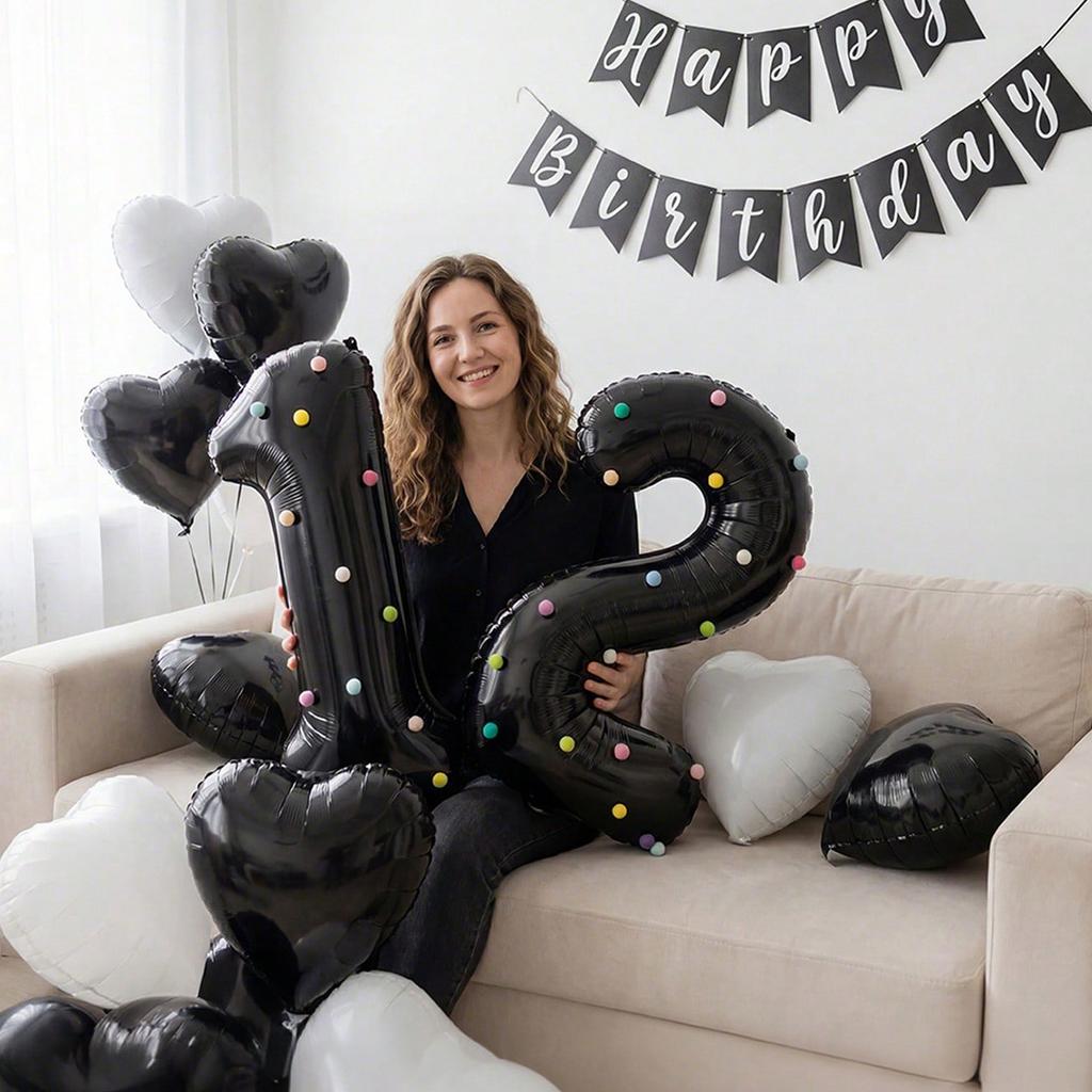 32 inch black digital balloon set 0-9 with colored felt ball decoration for decorating birthday parties and anniversaries