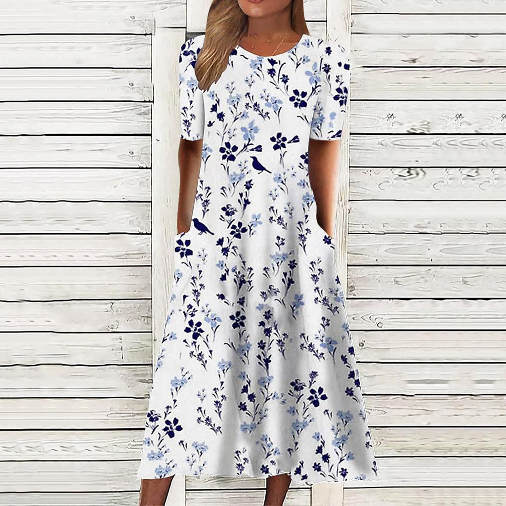 Women's Summer Casual Fashion Round Neck Printed Short Sleeve Dress With Pockets