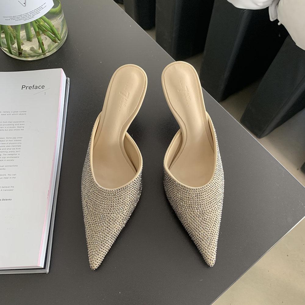 Модные женские босоножки со стразами, тонкие высокие каблуки, черные, зеленые, фиолетовые, бежевые, летние уличные туфли-мюли, туфли-лодочки на шпильках для вечеринок, размеры 35-39