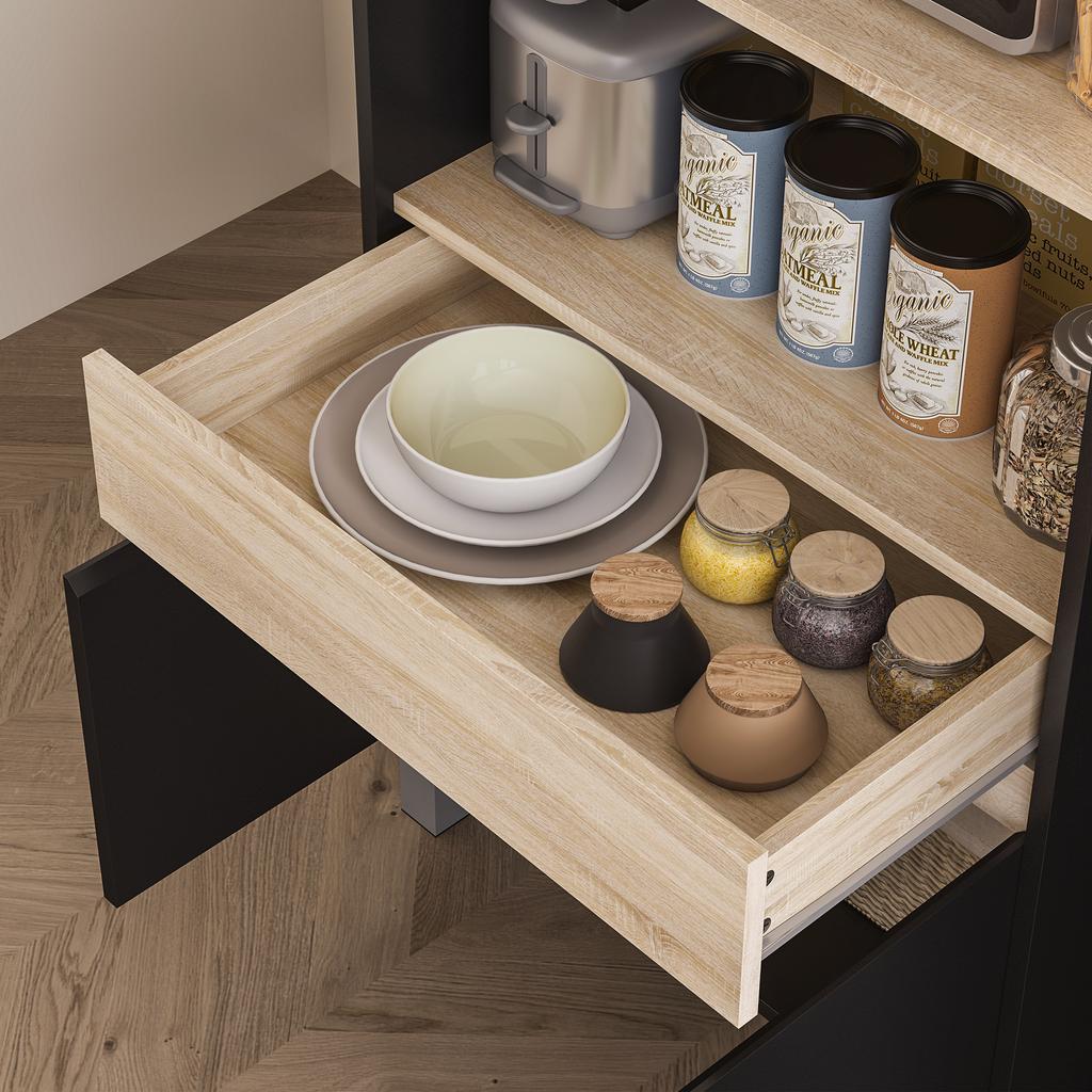 Microwave Cabinet, Kitchen Sideboard, Cupboard, Drawer, Top Shelf, 60 x 40 x 131 cm, Oak and Black