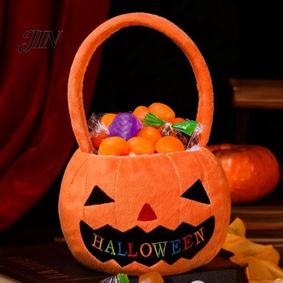 Plush Pumpkin Tote Halloween Treat Bag, Portable Candy for Kids, Large Capacity Kids Carrier Trick or Handbag with Soft Handle, Party Favor