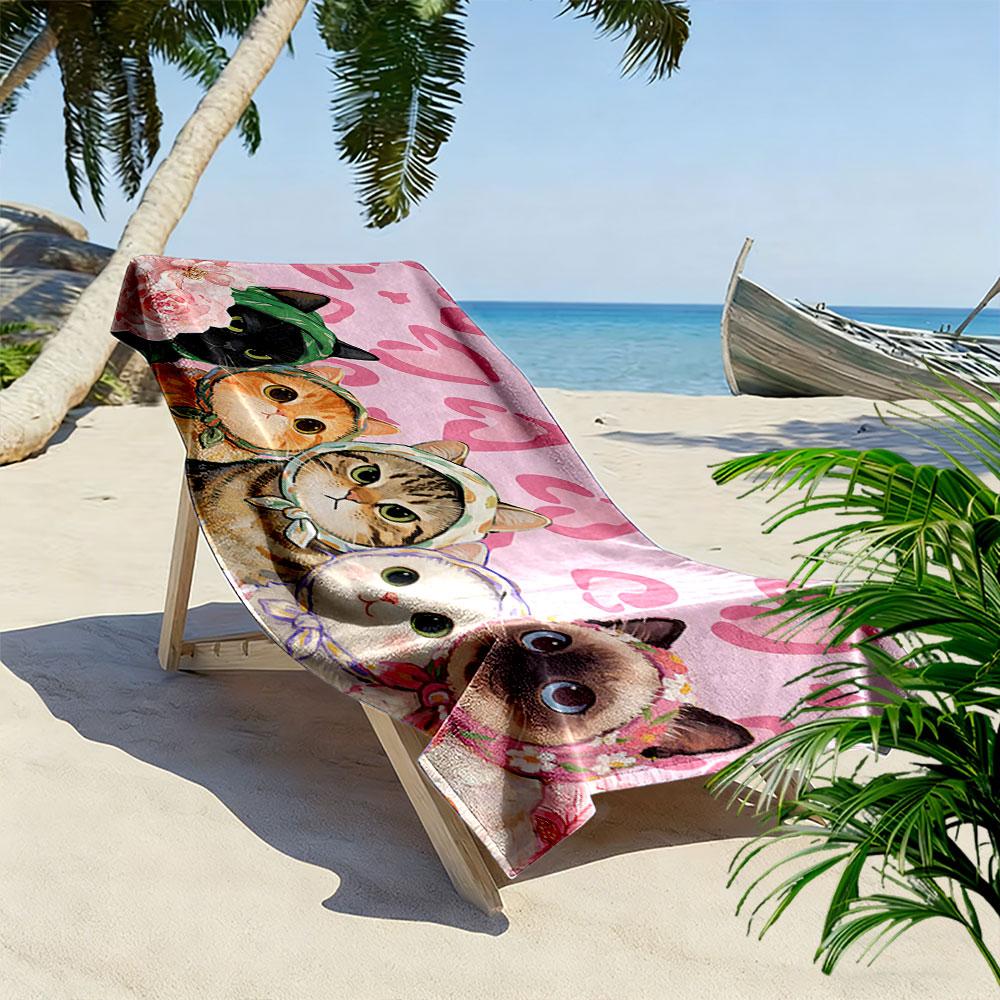 Cute Cats with Pink Hearts Beach Towel Quick-drying for Travel Outdoor Sports Jogging Beach and Swimming
