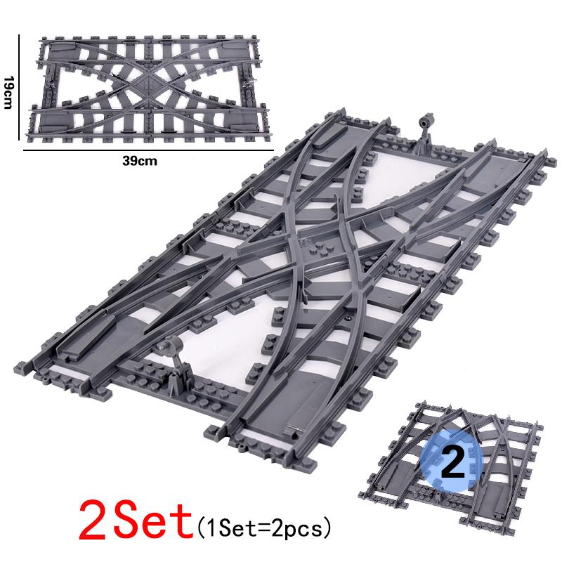 MOC городской поезд, железнодорожный переезд, гибкие рельсы, раздвоенные прямые изогнутые рельсы, переключатель, строительные блоки, кирпичи, креативные игрушки «сделай сам»