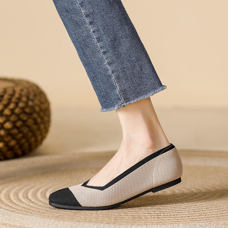 Women's Casual Flats Comfortable Walking Flat Shoes Square Toe Ballet Flats Non-Slip Knitted Work Loafers Shoes Lightweight Dress Shoes for Women