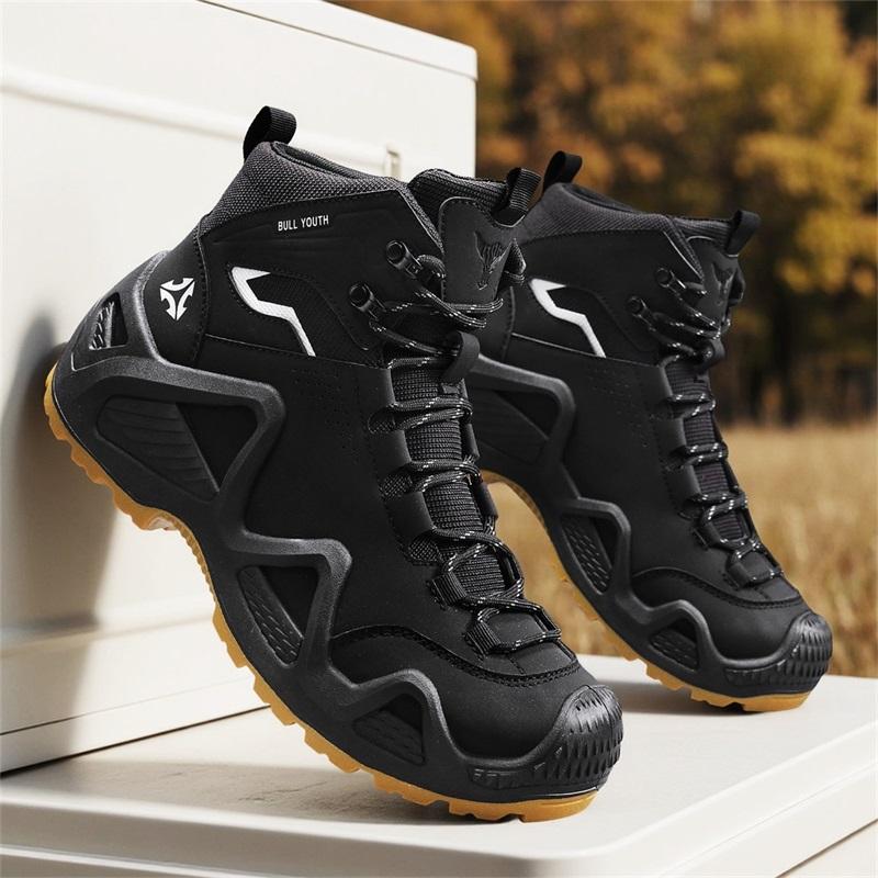 Мужские уличные походные ботинки Кожаные мужские ботильоны Зимняя обувь Нескользящие Высокие мужские рабочие ботинки Дышащие кроссовки для ходьбы