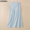 VONDA Women High Waist Solid Color Splits Casual Long A-line Skirts