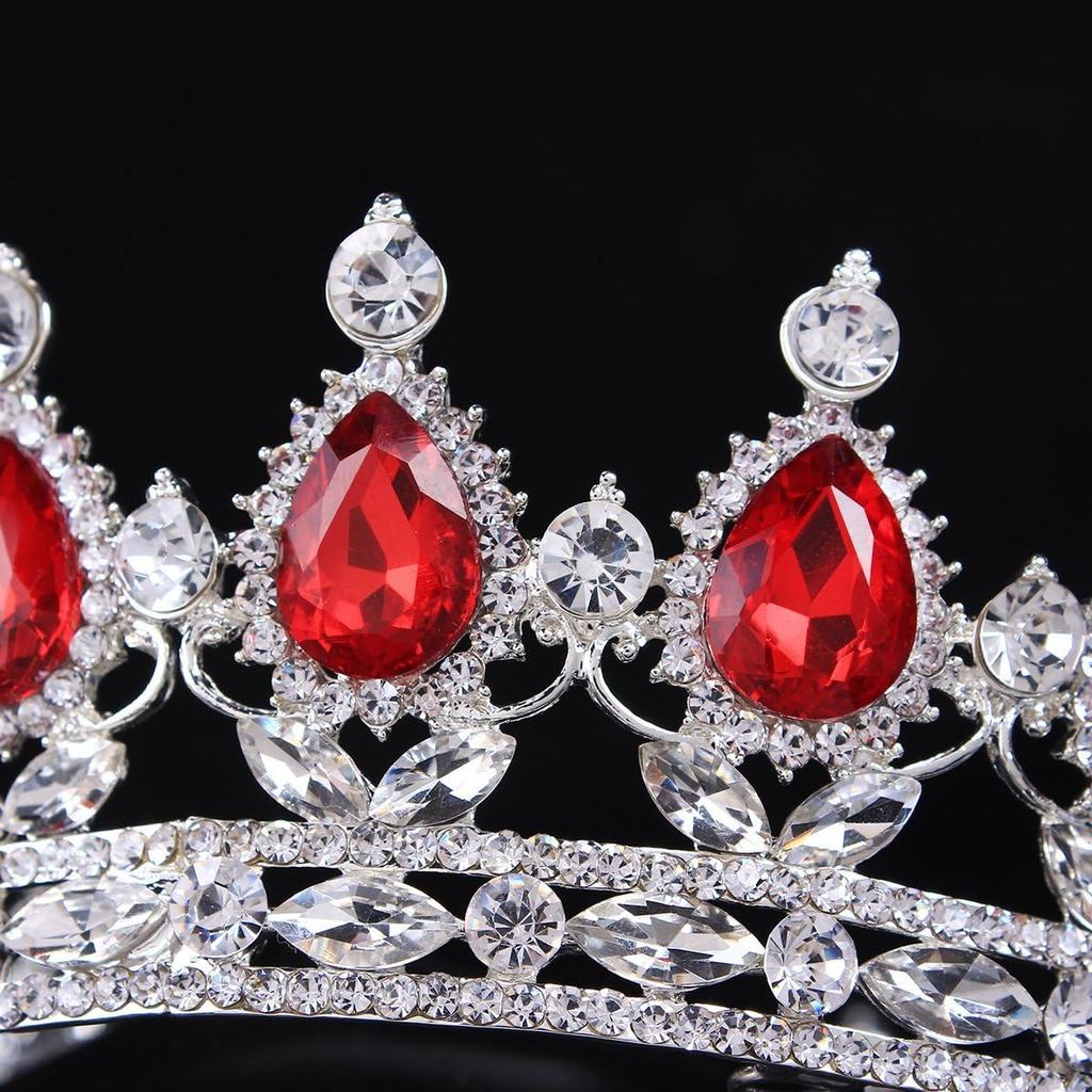 2" Height Silver/Gold Plated Crystal Rhinestone Ruby Full Circle Tiara Crown Bridal Wedding Jewelry Hair Accessories (Silver+red)