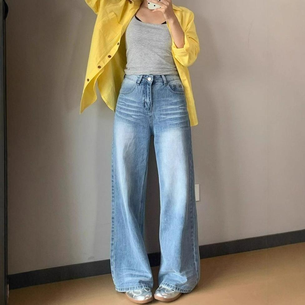 American retro blue wide-leg jeans women's summer new high-waisted loose-fitting meat-covering and thin straight trousers