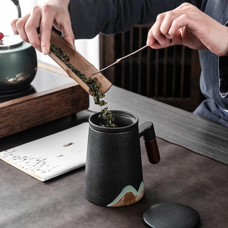 Кружка для разделения чая и воды Юаньшань с крышкой и фильтром, офисная чашка большой вместимости, креативная керамическая чашка для чая в стиле дзен