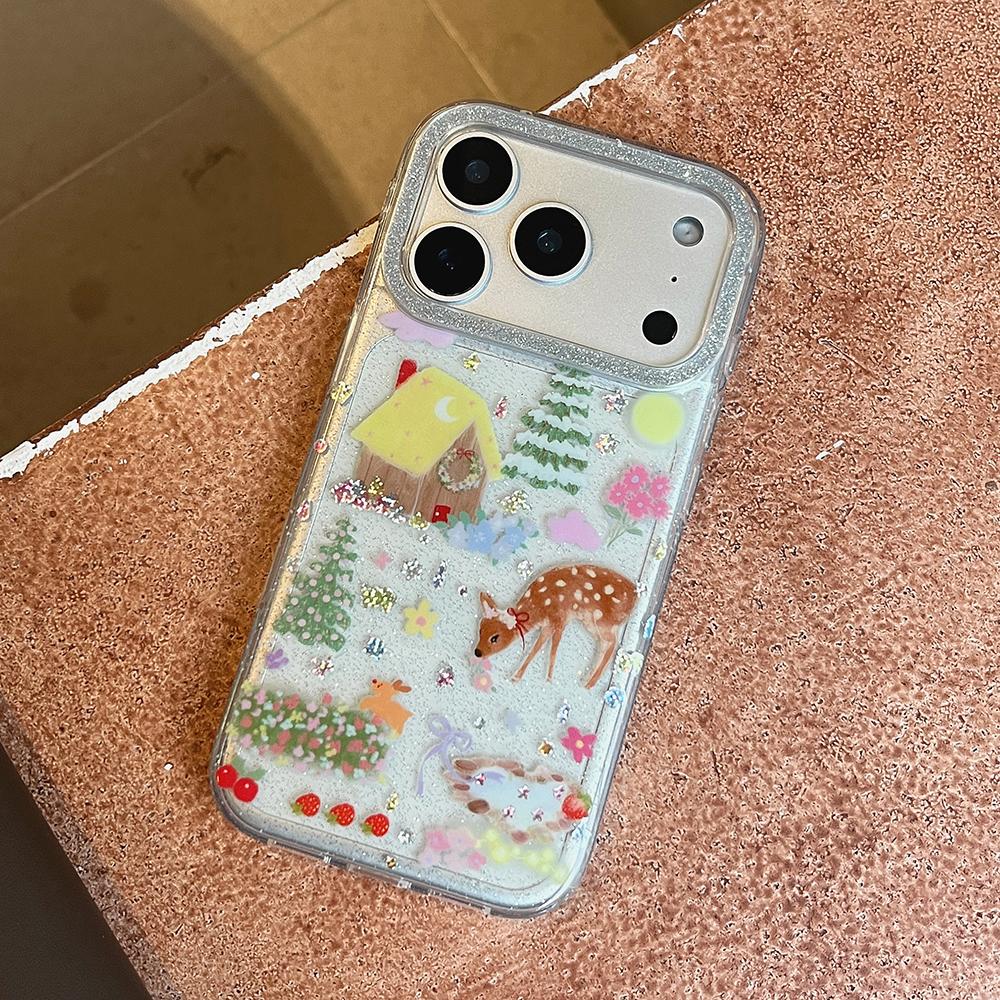 INS Cute Deer Glitter Shiny Stars Clear Back Cover for iPhone 17Pro Max 13 14 15 16 Promax Protector Shockproof Bling Phone Case
