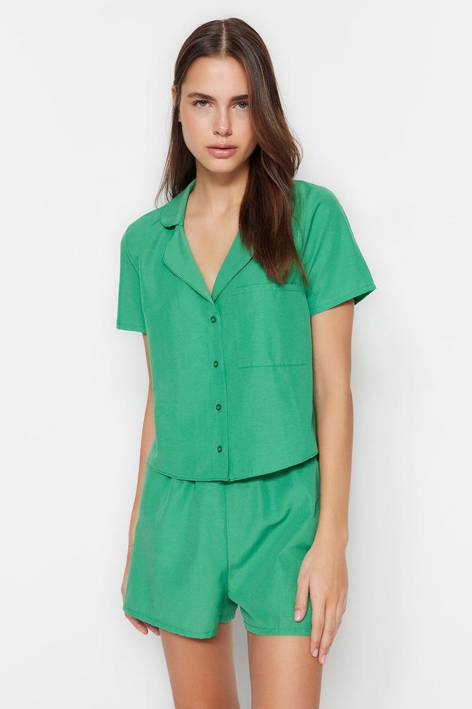 Women's Fashion Green Terrycotton Shirt-Shorts Woven Pajama Set