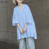 ZANZEA Women Casual V Collar 3/4 Sleeve Solid Color Loose Long Tunic Blouse