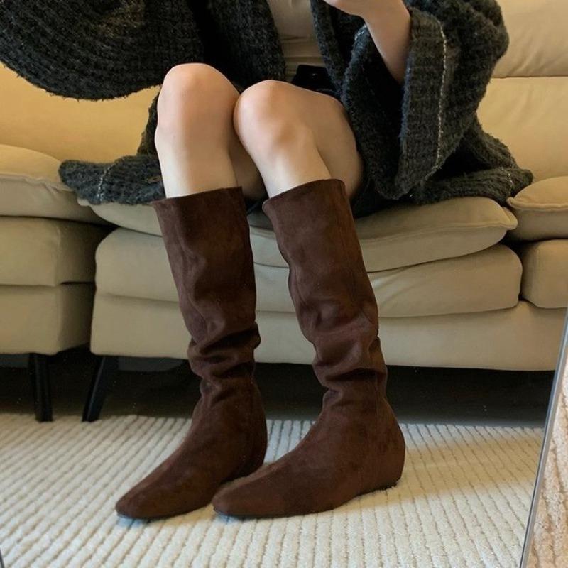 Версия из коровьей кожи! Yadan стиль западные ковбойские сапоги женские ретро нишевые с большим обхватом голенища тонкие с внутренней танкеткой плиссированные сапоги-чулки