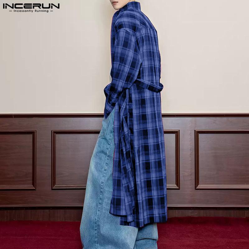 INCERUN Большие мужские рубашки с воротником-стойкой и длинным рукавом в клетку, повседневные туники