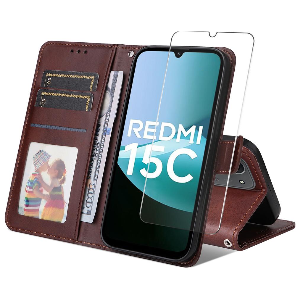 For Xiaomi 15C 4G (Global) (171mm)/Poco C85 4G PU Leather Wallet Case Phone Stand Cover with Tempered Glass