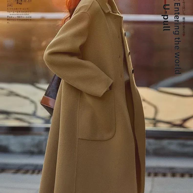 Женское шерстяное пальто тети 2024 в корейском стиле - Осень и Зима, средней длины, ниже колена, модного свободного кроя