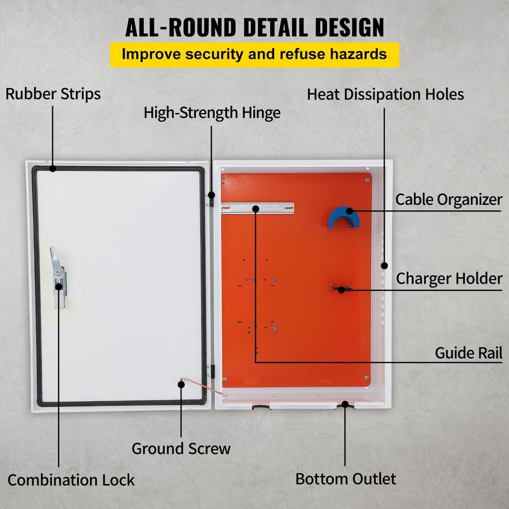 Tesla Charger Station Box, 28" x 20" x 10", Outdoor Cable Box Charging Box Cable Organizer, IP32 Waterproof Dustproof Cool Roll Steel Electrical