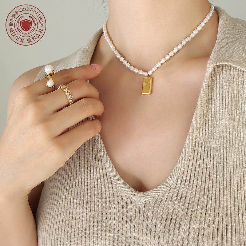 Французская элегантность, темперамент, не увядает, пресноводная жемчужина, цепочка, золотой кирпич, форма слитка, ожерелье, ювелирные изделия