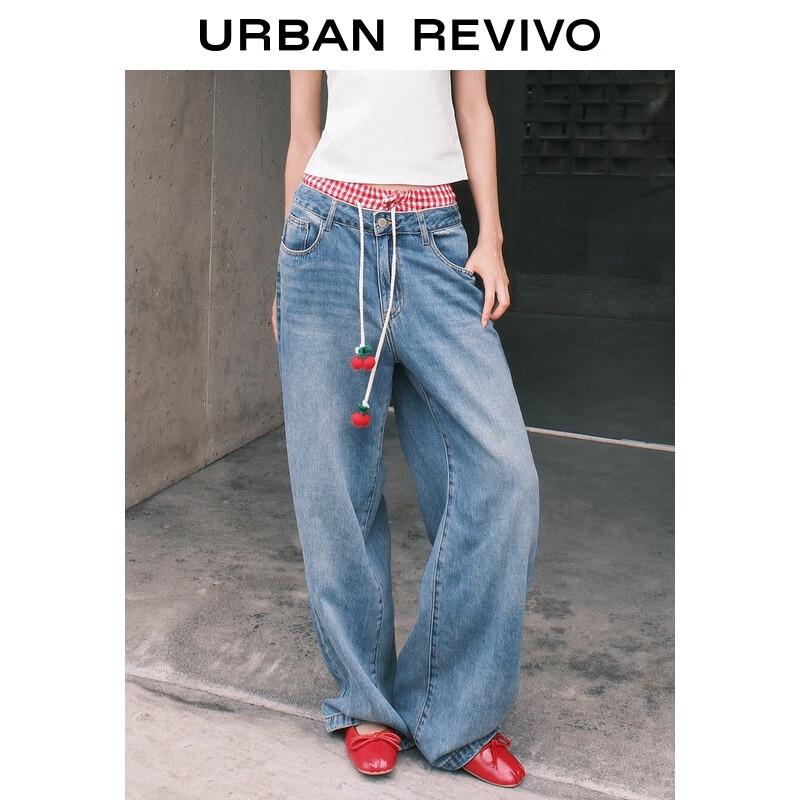 UR Women's Patchwork Plaid Cherry Denim Long Pants