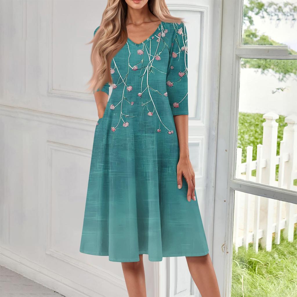 Женское повседневное модное платье миди с V-образным вырезом и рукавом три четверти