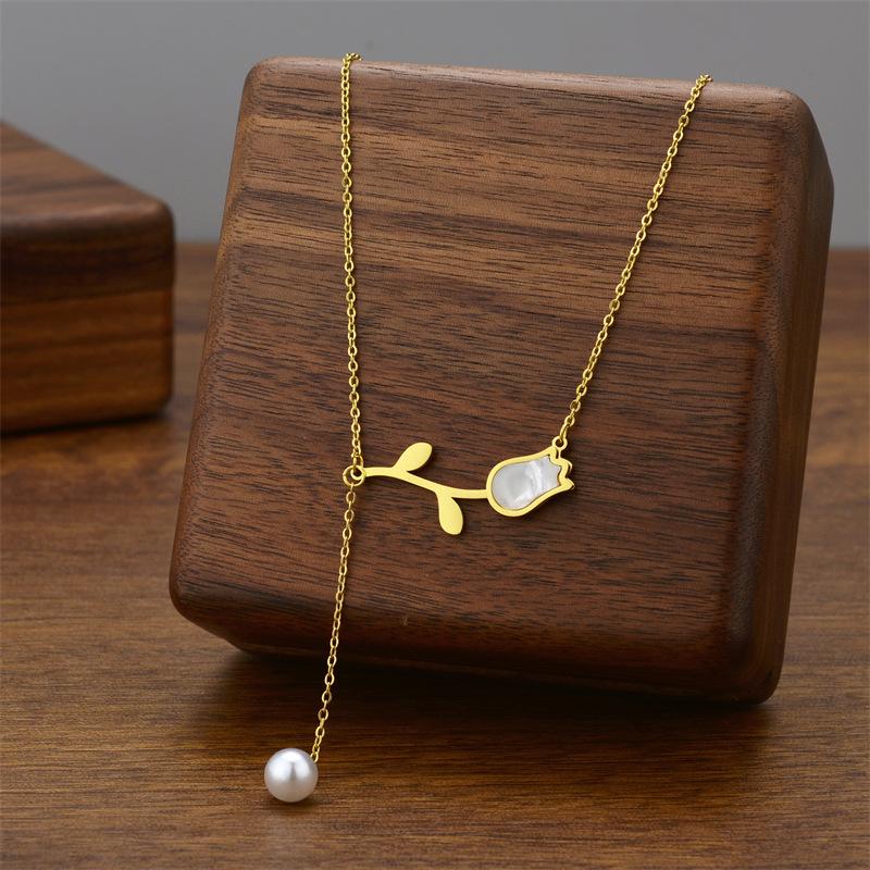 316L Stainless Steel New Fashion Upscale Jewelry Shell Pearl Tassel vintage Tulip Charms Chain Choker Necklace Pendant For Women