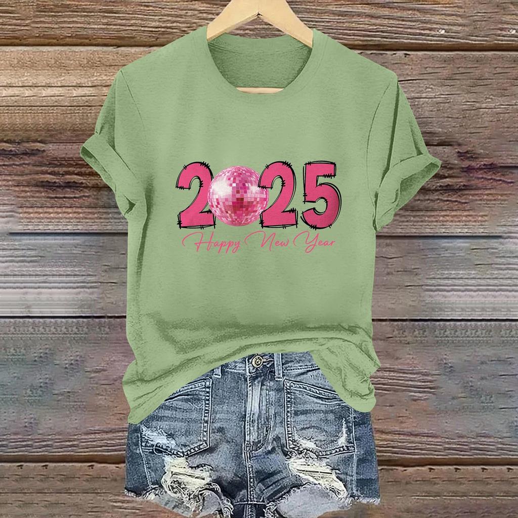 Women's Long Sleeve Round Neck T-Shirts 2025 New Year Print Puff Sleeve Shirts Button Blouses Tops