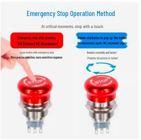 Metal Emergency Stop Button Switch, Stainless Steel, Dustproof, Mushroom Head, 16/19/22/25/30mm
