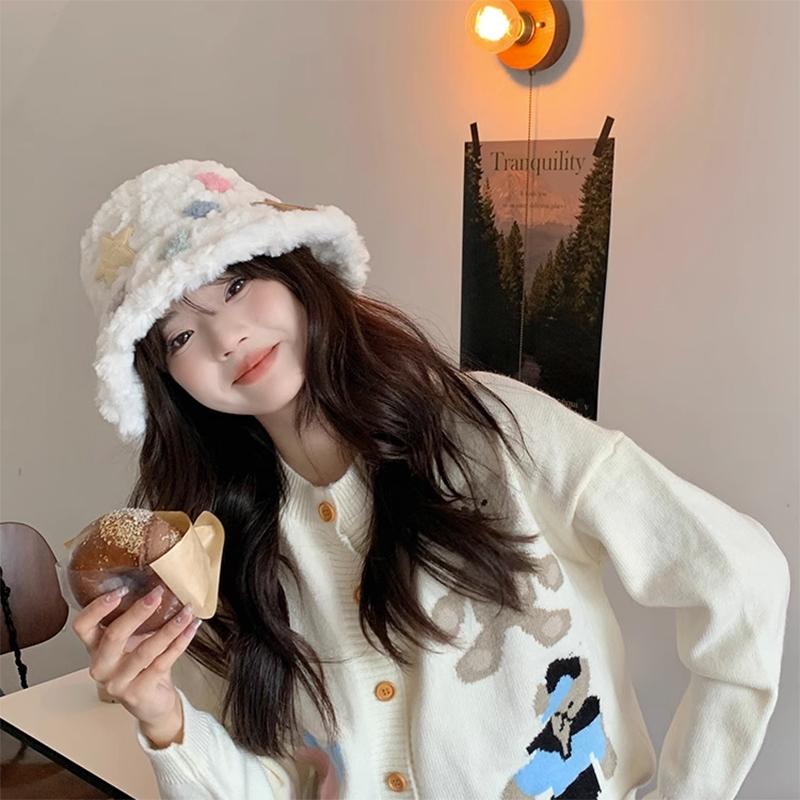 Рыбацкая шапка с плюшевым теплом, милая и симпатичная плюшевая шапка со звездами для женщин