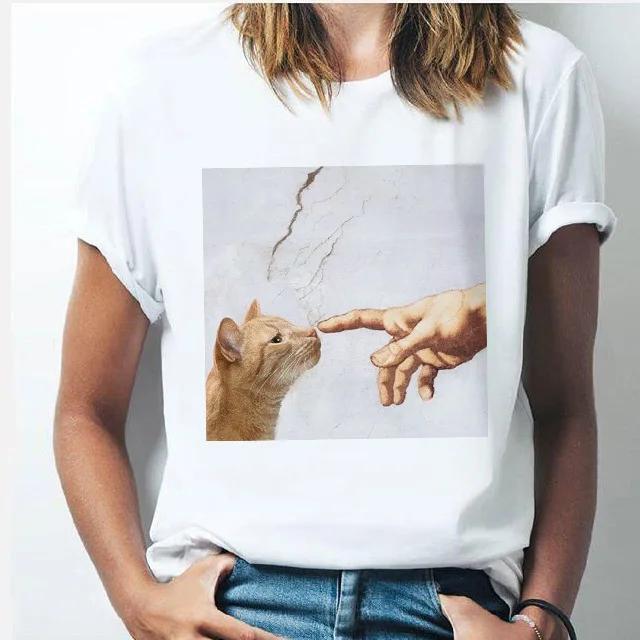 Oil Painting Cat Women's Fashion Personality Spoof Classic Oil Painting T-shirt Women Clothing Tops Harajuku Aesthetic Oversized