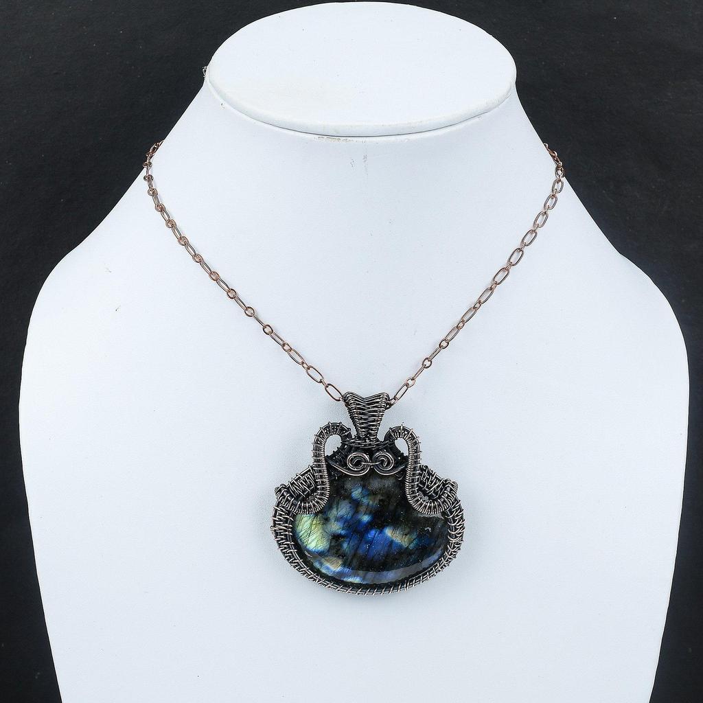 Кулон из лабрадорита, обмотанный медной проволокой, ручной работы, обмотанные украшения, кулон с драгоценным камнем лабрадоритом для женщин, медные украшения, подарок для нее