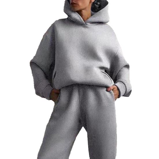 Зимний спортивный костюм из 2 шт./компл., однотонный свободный пуловер с капюшоном, толстые, сохраняющие тепло, топ с эластичной резинкой на талии, спортивные штаны с ремешками на щиколотке