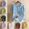 Women's Fashion Round Neck Short Sleeve T-shirt Casual Cotton Linen Graphic Shirt Tulips Prined Summer Blouse Tops