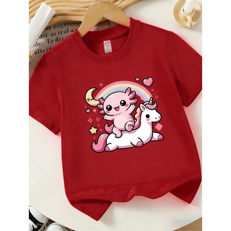 European sizes Cute and Versatile Teen T-Shirt, Adorable Axolotl Print Pattern, Comfortable Unisex Style for Boys and Girls, Casual Versatile Top