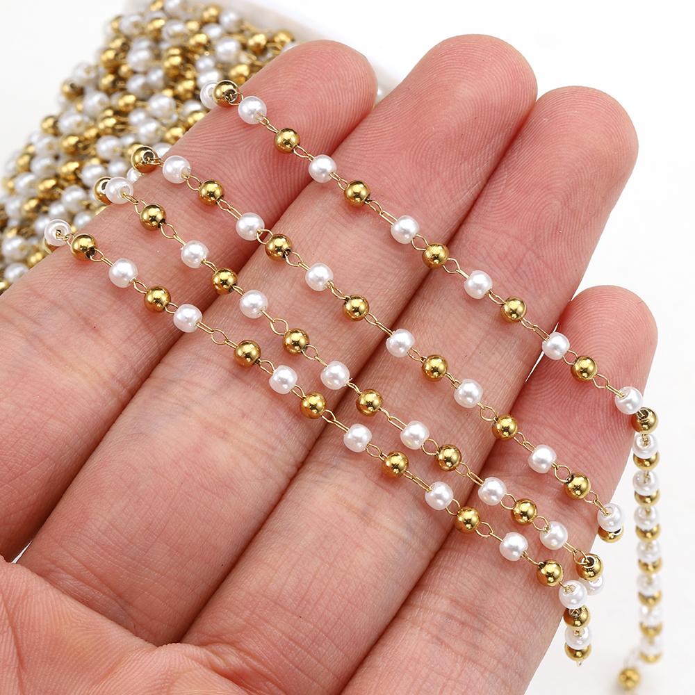 2meters 1meter Stainless Steel Imitation Pearl Beads Chain Love Heart Beaded Necklace Bracelet Chain for Jewelry Making DIY