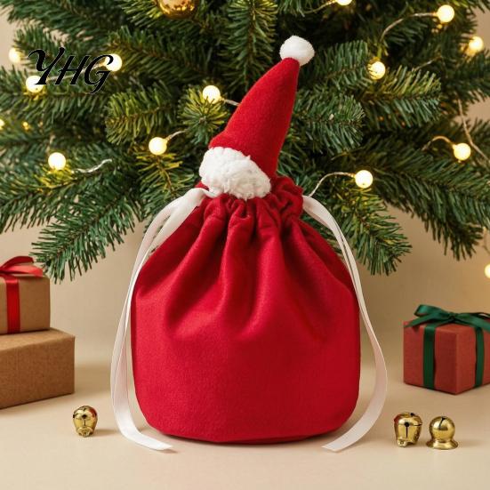 Holiday Candy Packaging Bags Christmas Drawstring Gift with Santa Hat, Reusable Velvet Xmas Goodie Sacks, Festive Claus Pouches Apple Treat Pouch for