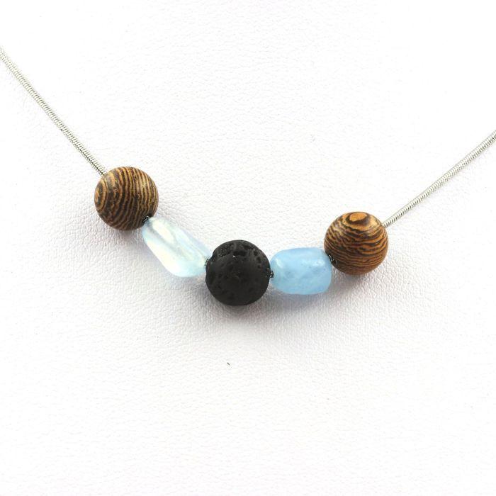 Stones and Minerals. 8mm Wooden Bead Necklace + Brazilian Aquamarine + Lava Stainless Steel Chain.