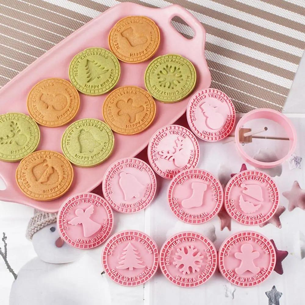 9Pcs Plastic Christmas Cookie Cutters Pink Biscuit Embosser Molds Biscuit Mold Xmas Party